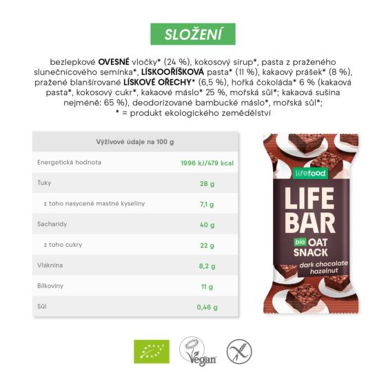 Lifebar organic Oat snack bar with hazelnuts and chocolate 40 g   LIFEFOOD